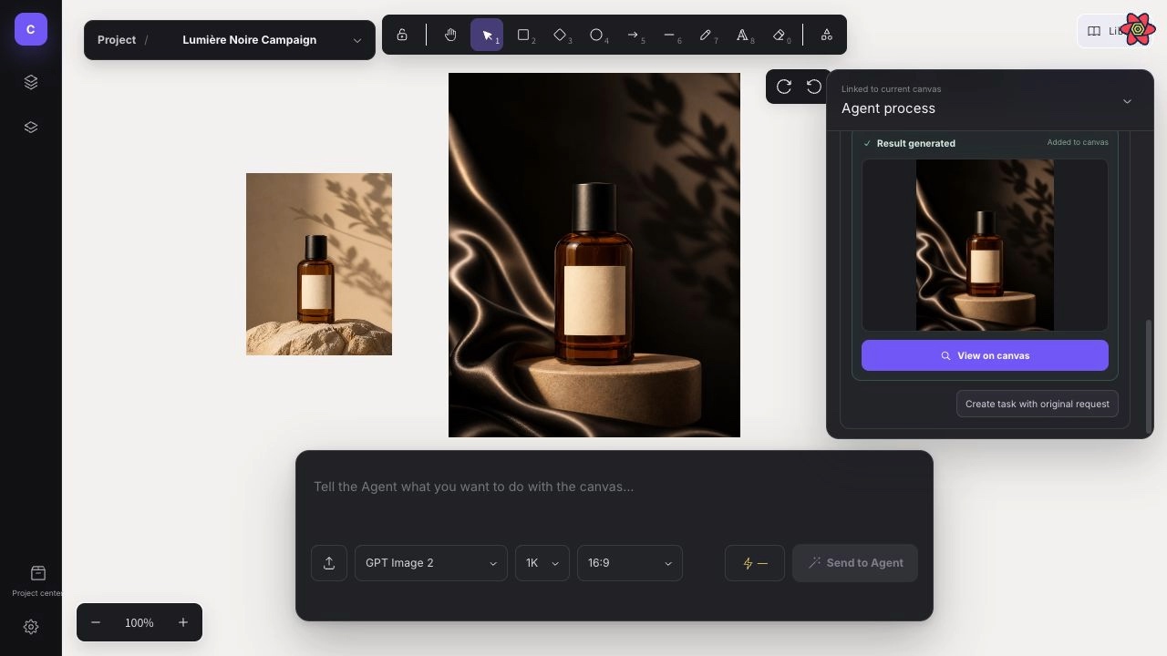 CubbieAI Studio canvas showing a fragrance reference, generated result, Agent process, and prompt controls