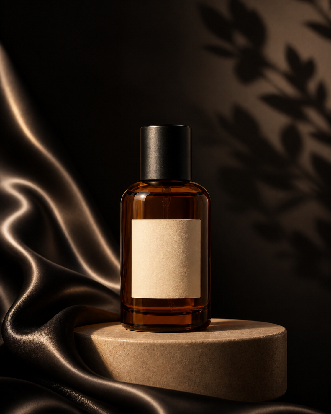 The same amber fragrance bottle in a dark silk hero scene